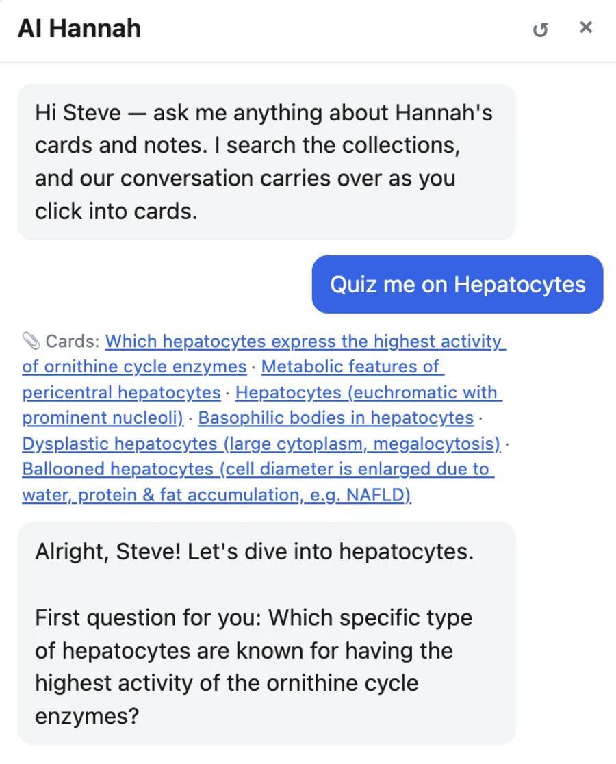 Study with Hannah tutor quizzing on hepatocytes from retrieved study cards